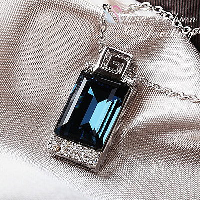 18K White Gold GP Made With Swarovski Crystal Rectangular Cut Sapphire Necklace
