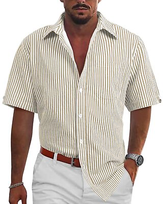 #ad Mens Casual Lightweight Striped Short Sleeve Shirt Button Down Cotton XXL