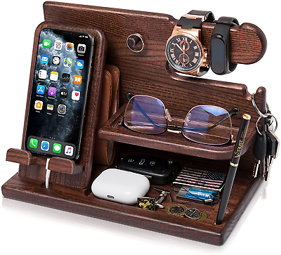 Fathers day gift Wooden Phone Docking Station Key Holder Stand Watch Organizer