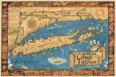 #ad quot;A Map of Long Islandquot; NY 1930s Historic Wall Map 24x36