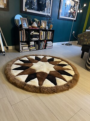 Peru leather alpaca fur wall hanging Plush Geometric Circle Vintage Tapestry