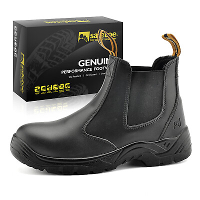 Safety Work Boots Mens Shoes Steel Toe Black Leather Water Resistant Slip on US