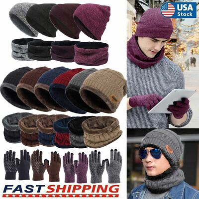 #ad Winter Warm Knit Beanie Hat Cap Scarf Touch Screen Ski Gloves Men Women 3pcs 2pc