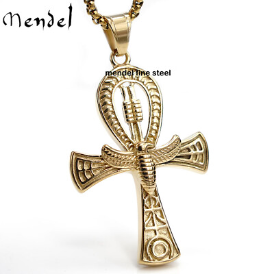 MENDEL Mens 10k Gold Plated Egyptian Ankh Hip Hop Cross Pendant Necklace For Men
