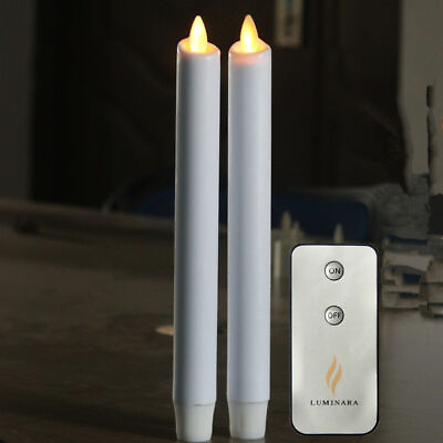 Luminara Flameless Battery Operated Unscented Taper Candles Wax White Remote 2pc