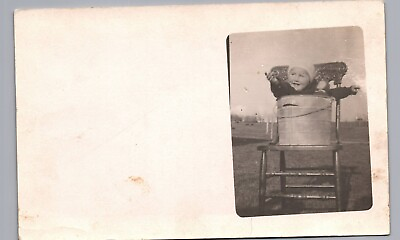 #ad #ad LITTLE KID IN TIN BUCKET c1910 real photo postcard rppc funny farm portrait