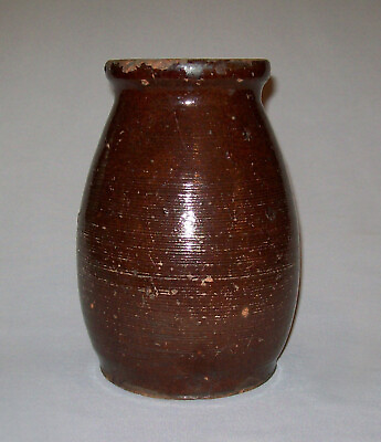 Old Antique Vtg 19th C 1800s Ovoid Redware Pottery Jar Combed Body Flared Mouth