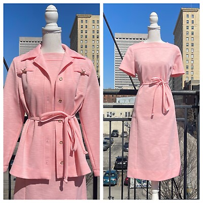 #ad Vintage 70s Scooter Dress Leisure Set Pink Sleeveless Shift Jacket Mod M L