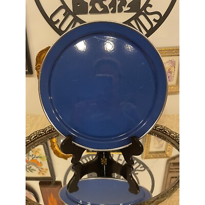 #ad VTG Blue Enamelware Plates 1950s Deep Enameled Plate Set Kitchen Primitive Decor