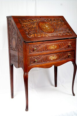#ad Gorgeous Antique French Style Engraved Secretary Mahogany Desk with Drawers