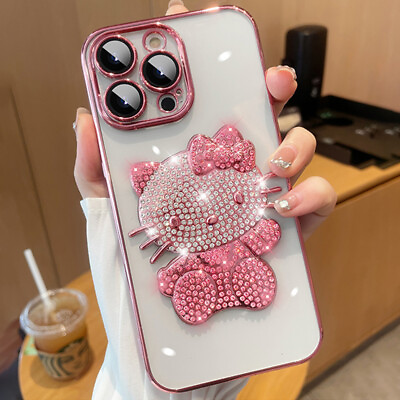 For iPhone 14 13 Pro Max 12 11 Bling Diamond Luxury Clear Hello Kitty Slim Case
