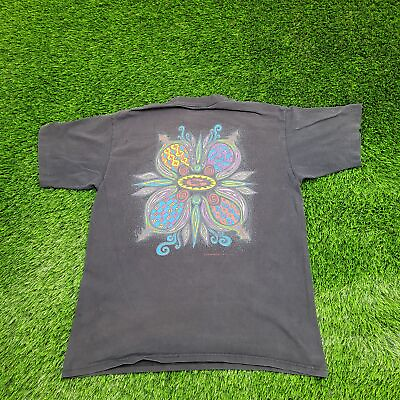 #ad Vintage Gotcha Mandala Surfer Shirt L Short 21x27 Faded Black Kaleidoscope USA