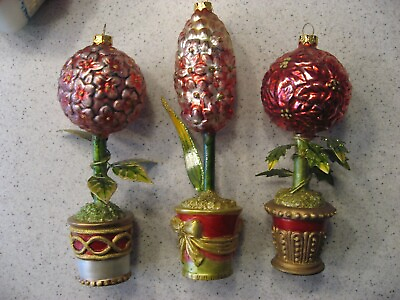 #ad Vintage Lot of 3 Flowering Bushes in Pots Glass amp; Metal Christmas Ornaments