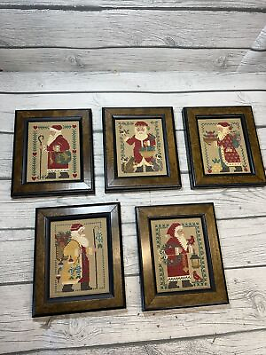 #ad Vintage Prairie Schooler Cross Stitch Santa Claus Art Framed Christmas Set Of 5