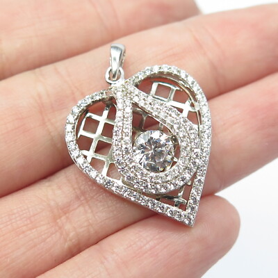 #ad 925 Sterling Silver Pave C Z Heart Cage Pendant