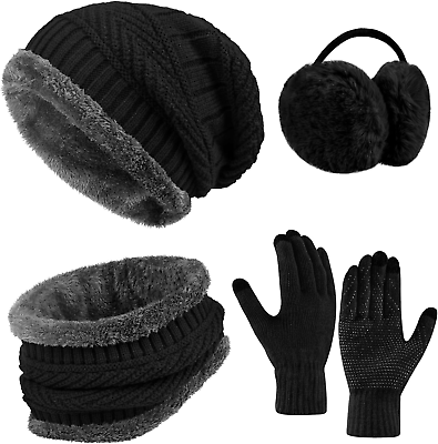 #ad #ad 4 Pieces Warm Winter Beanie Hat Scarf Set Thick Knit Hat Beanie Skull