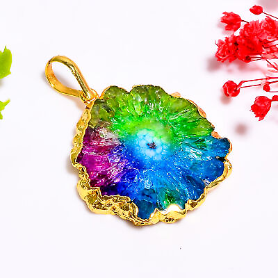 #ad Rainbow Solar Quartz Handmade Jewelry.925 Gold Plated Pendant 1.6quot; GSR 7765