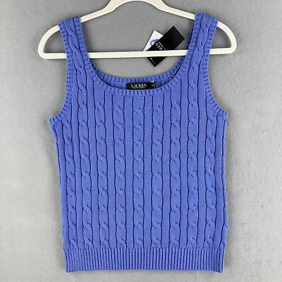 #ad Ralph Lauren Sweater Womens Medium Blue Cable Knit Sleeveless 100% Cotton Ladies
