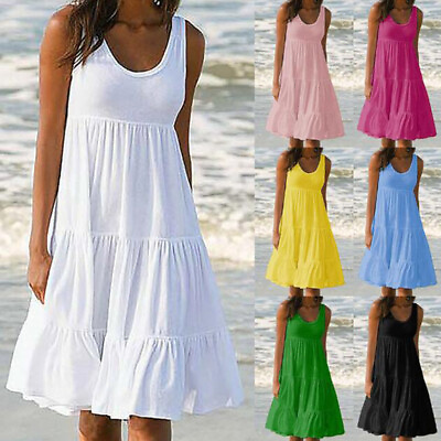 Women Summer Smock Tank Dress Beach Baggy Frill Mini Sundress Casual Holiday