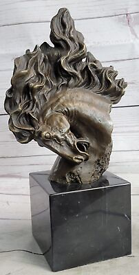 Horse Bronze Bust Stallion Sculpture Figure on Marble Base Figurine signed Sale