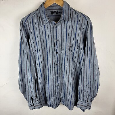 St Michael Men#x27;s Large Button Up Long Sleeve Shirt Striped Grey Vintage
