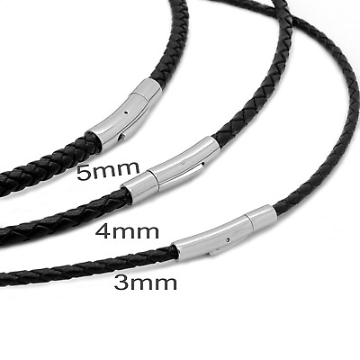 #ad 3 4 5mm Mens Chain Genuine Black Braided Leather Cord Stainless Steel Necklace