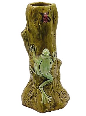 #ad Frog Ladybug Vintage Dimensional Majolica Pottery Glazed Carved Small Vase Rare
