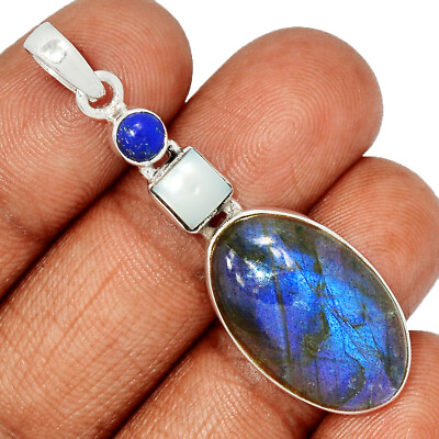 #ad Natural Labradorite Pearl amp; Lapis 925 Sterling Silver Pendant Jewelry CP28680
