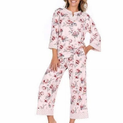 #ad Flora Nikrooz Pajama Set 2 piece Long Sleeve Cropped Pants Floral Pink: L