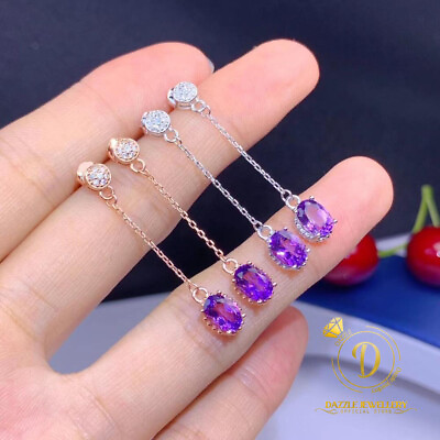 #ad Natural Amethyst Gemstone Real 925 Sterling Silver Earrings for Women Gift