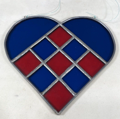 #ad Vintage Stained Glass Suncatcher Blue and Red Heart 4.5quot;