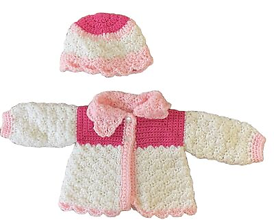#ad #ad Hand Knit Baby Girl Sweater And Hat Size 0 6 Months Pink White Colors