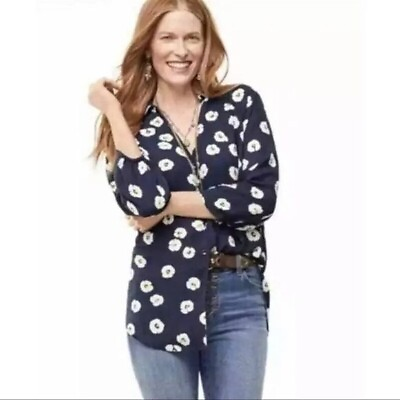 #ad Cabi # 5705 quot;Go To Button Upquot; Navy White Floral Print 3 4 Sleeve Blouse SZ S