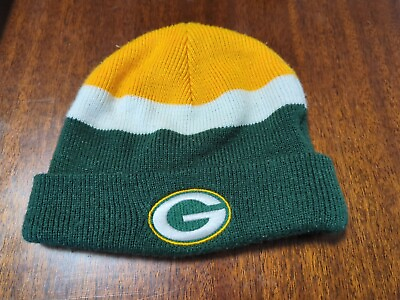 #ad Vtg Green Bay Packers Beanie Hat Cap Green Knit Reebok Cuffed Striped Acrylic