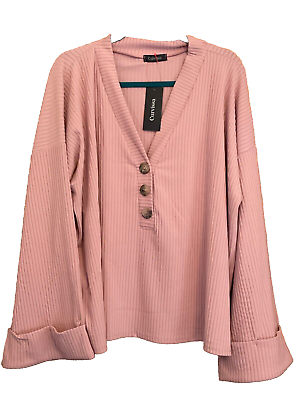 #ad Curvissa Kaleidoscope Plus Size 26 28 30 Pink Wide Cuff Sleeves Button Trim TOP
