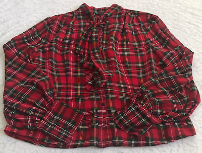 #ad Anne Klein Womens Blouse Size 12P Red Plaid Ruffle Trim Long Sleeve Lined