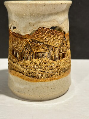 #ad #ad Unique Studio Art Pottery Small Luminary Barn Scene Candle Holder Initialed 4quot;