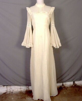 #ad vintage 60s 70s Sylvia Ann Ivory Empire Prairie Dress Wedding Bell Sleeve 12