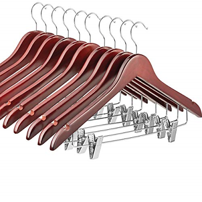 High Grade Wooden Suit Hangers Skirt Hangers with Clips 10 Pack Smooth Solid for