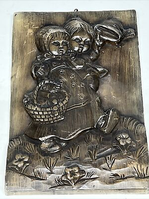 #ad Vintage Wax Plaque Children Folk Art Sculpture 3D Old German Hand Carved