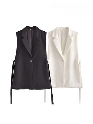#ad Women with Tabs Single Button Office Wear Waistcoat Vintage Sleeveless Side Vest