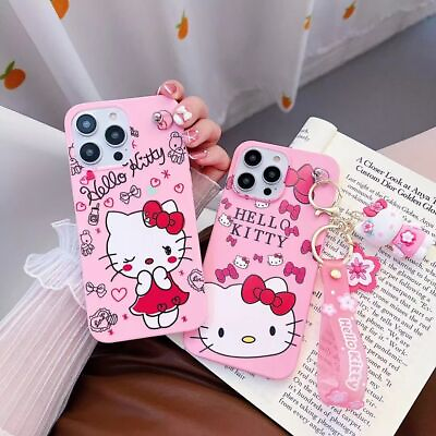 Cute Hello Kitty Keychain Strap Case Cover for Samsung Galaxy S21 S22 S23 Ultra
