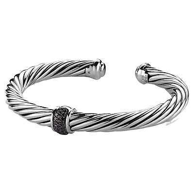 David Yurman 925 Sterling Silver Pave Black Diamond Cable Men#x27;s Cuff Bracelet