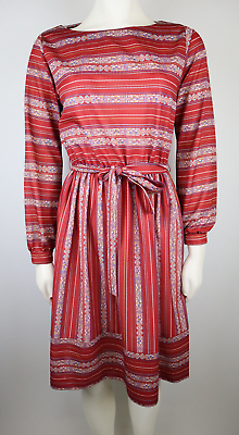 #ad #ad VINTAGE 70s WOMEN#x27;S RED STRIPED LONG SLEEVE BELTED DRESS CORA#x27;S CLOSET 6P