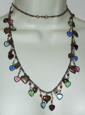 Vintage glass hearts Charm NECKLACE costume jewelry long 35quot; rhinestones amp; metal