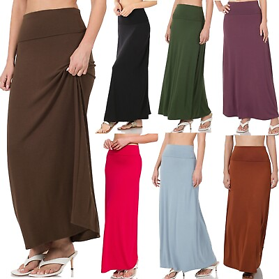 #ad Women#x27;s Maxi Skirt Long Full Length High Waisted Stretch Fold Over Waist Solid