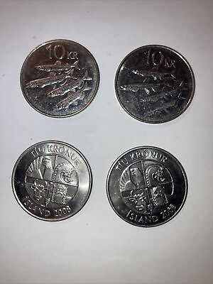 #ad Iceland 10 Kroner Coin used Nickel plated steel Coin see photos X 4 COINS