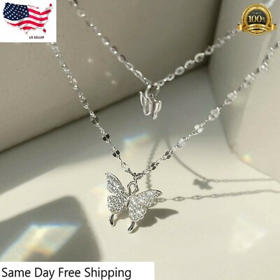 925 Silver Plated Double Butterfly Zircon Necklace Clavicle Jewelry Lab Created