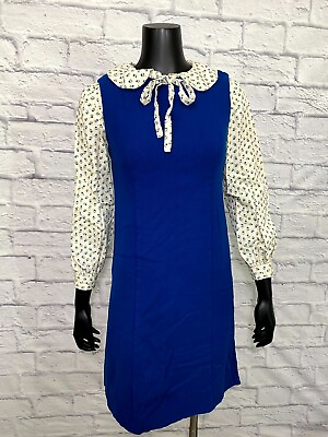 #ad Vintage 70s Women#x27;s Blue Sleeveless Dress amp; Long Sleeve Floral Undershirt Size M