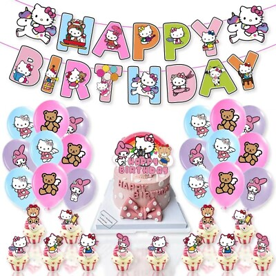 #ad #ad Hello Kitty Birthday Party Supplies Balloons Cake Top Banner Decorations Set